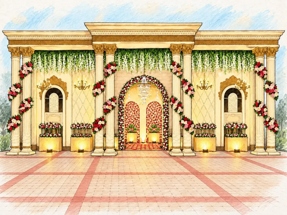 Drawing of The Grand Palms, pillars wrapped in roses under hanging greenery, with a flower arch leading inside