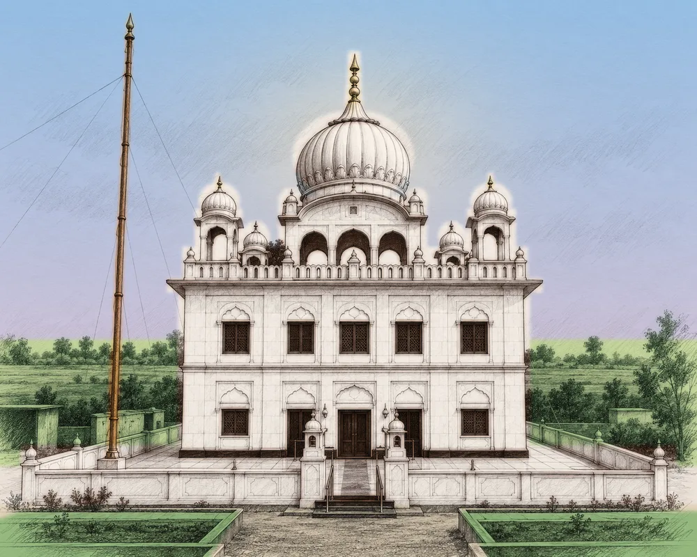 Pencil drawing of Gurdwara Sri Guru Tegh Bahadur Sahib, Rohta Sahib, with its Nishan Sahib